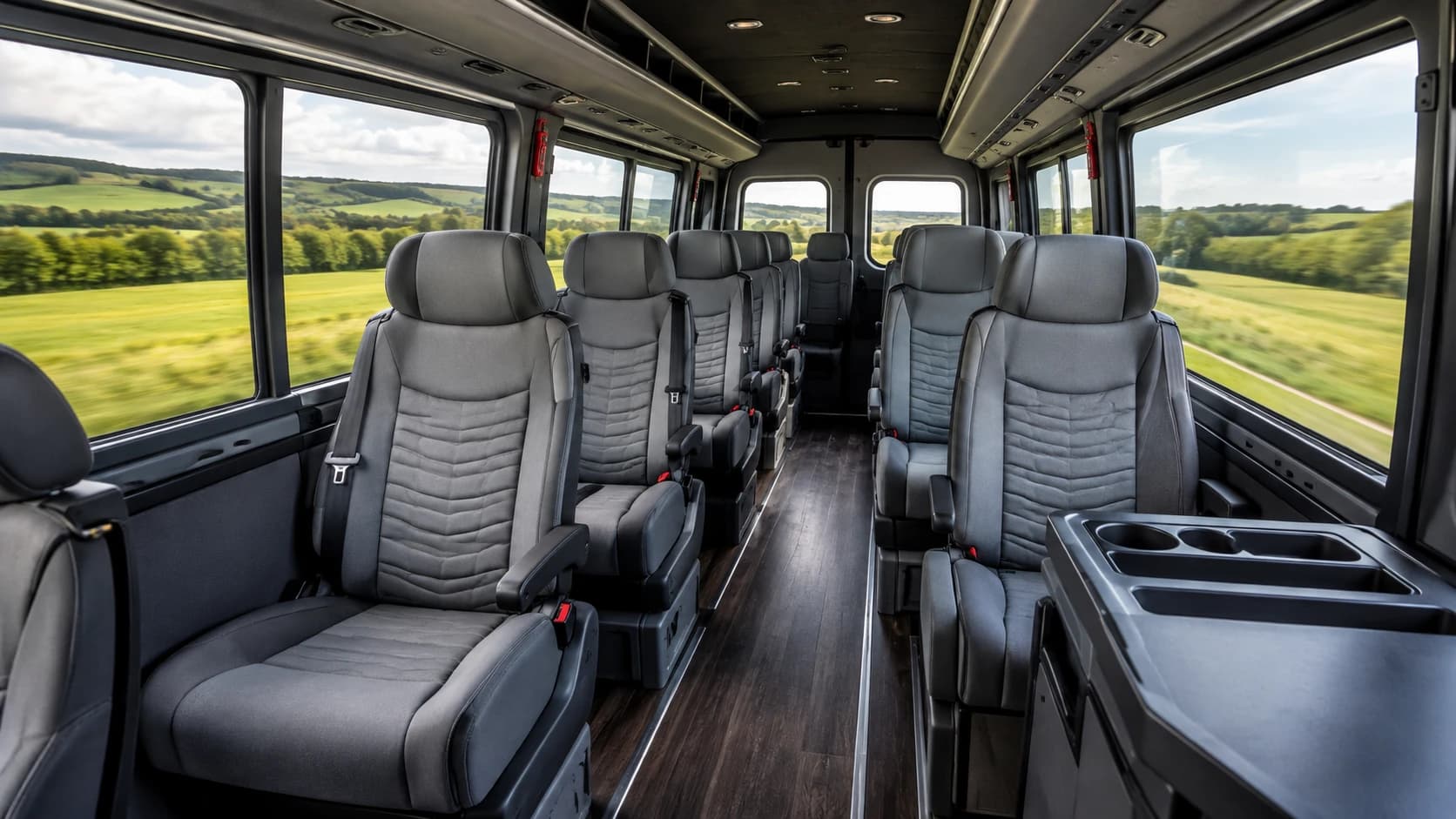 Interior de un minibús con asientos amplios y ventanales panorámicos durante un viaje por el campo