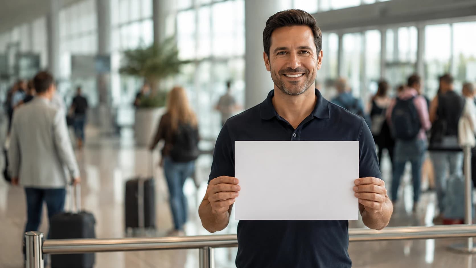 Conductor esperando en la puerta de llegadas del aeropuerto con un cartel para recibir a los pasajeros
